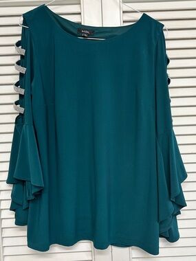 MSK Teal Cold-Shoulder Ruffle Sleeve Blouse with Ladder Trim